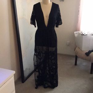 Black Lace Maxi with Plunging Neckline